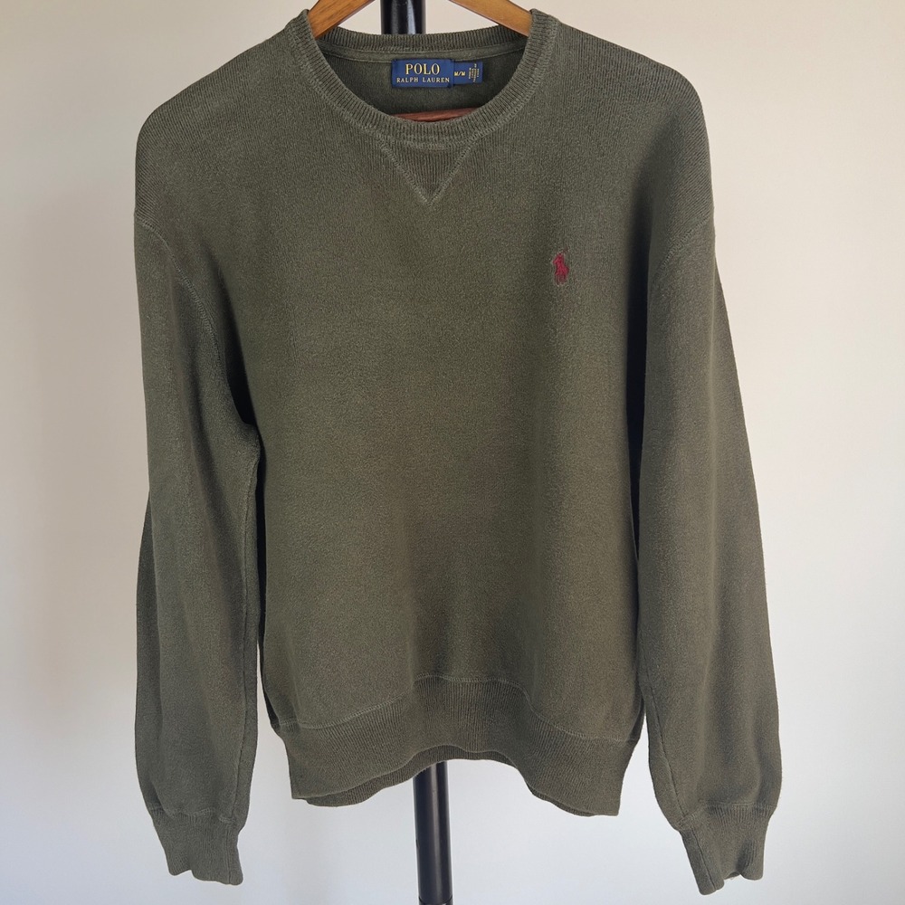 Polo Ralph Lauren Mens Medium Olive Green Cotton Crewneck Sweater Red Pony Logo